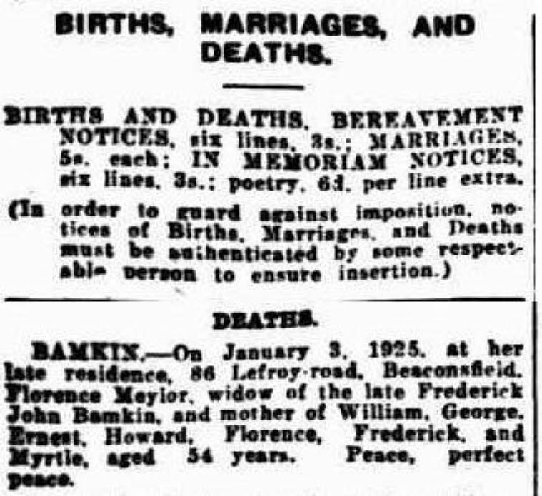 Florence Meylor Bamkin - Death Notice - Jan 1925
