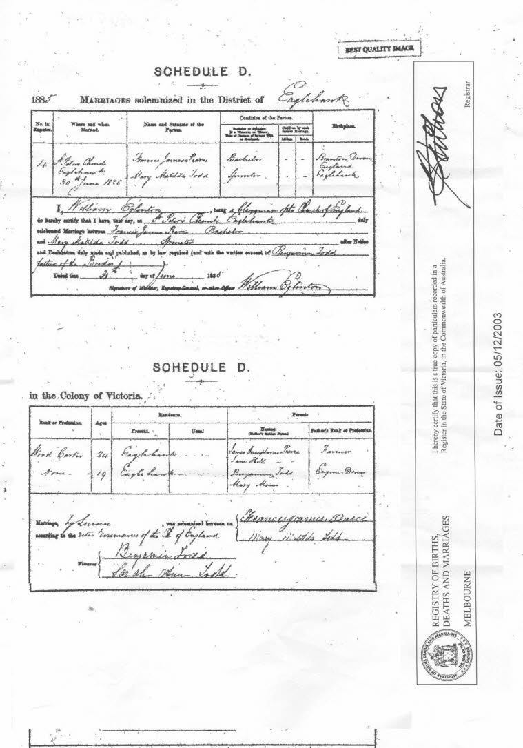 Francis (Jim) & Mary Pearce Marriage Cert
