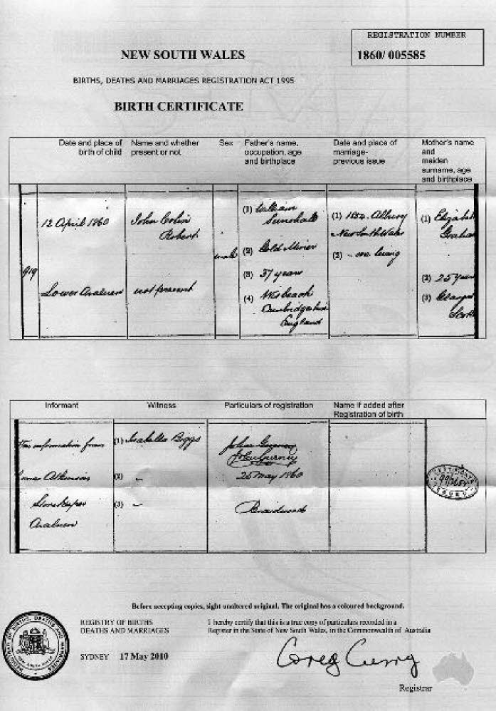 John CR Snushall birth certificate