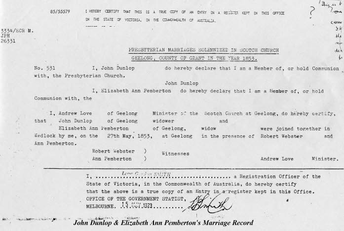 John & Elizabeth Dunlop Marr Record